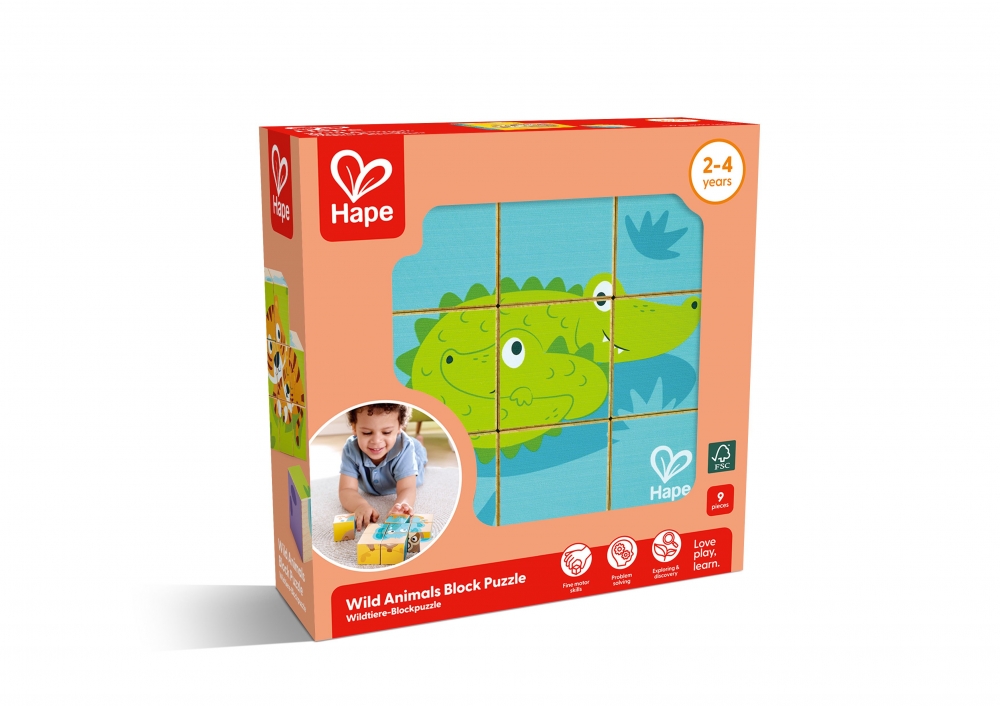 Puzzle din lemn cu cuburi, Hape, Animale sălbatice, 9 piese