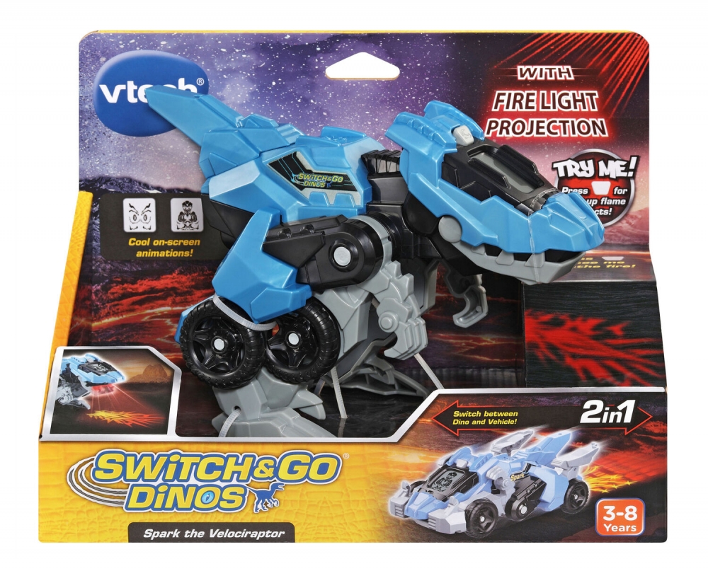 Jucarie interactiva, Vtech, Transformers Spark, Masina si dinozaur Velociraptor 2 in 1, Albastru