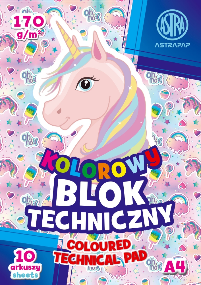 Bloc de desen A4, Astra, Unicorn, 170g, 10 coli