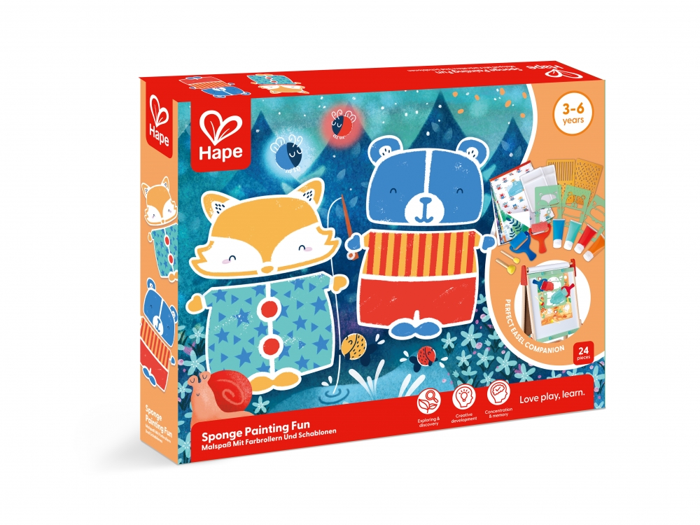 Set creativ, Hape, Pictura distractiva cu burete si sabloane, 16 piese