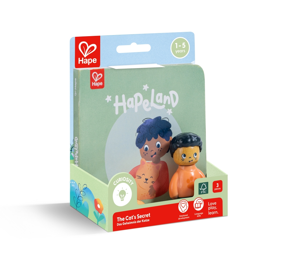 Set de joacă, Hape, Set de figurine băiat și pisoi cu carte, 3 piese