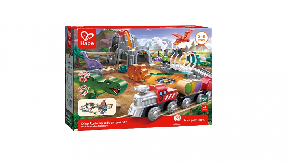 Set de tren din lemn, Hape, Dinozaur, 61 de piese