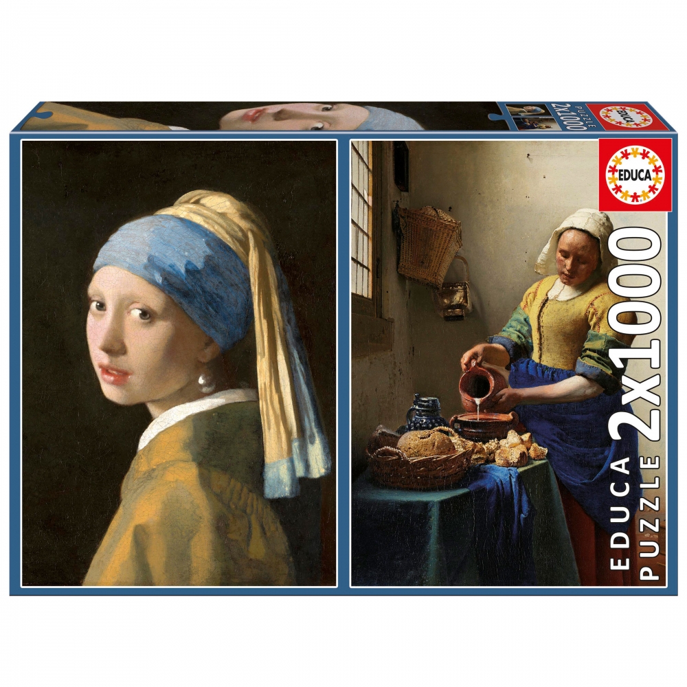 Puzzle Educa 2 x 1000 de piese - Fata cu cercel de perla si femeia care toarna lapte, Vermeer (20309)