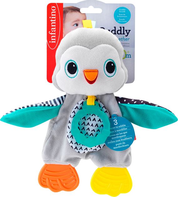 Jucarie dentitie, Infantino Cuddly Penguin, texturi sunete multicolor 0+ luni
