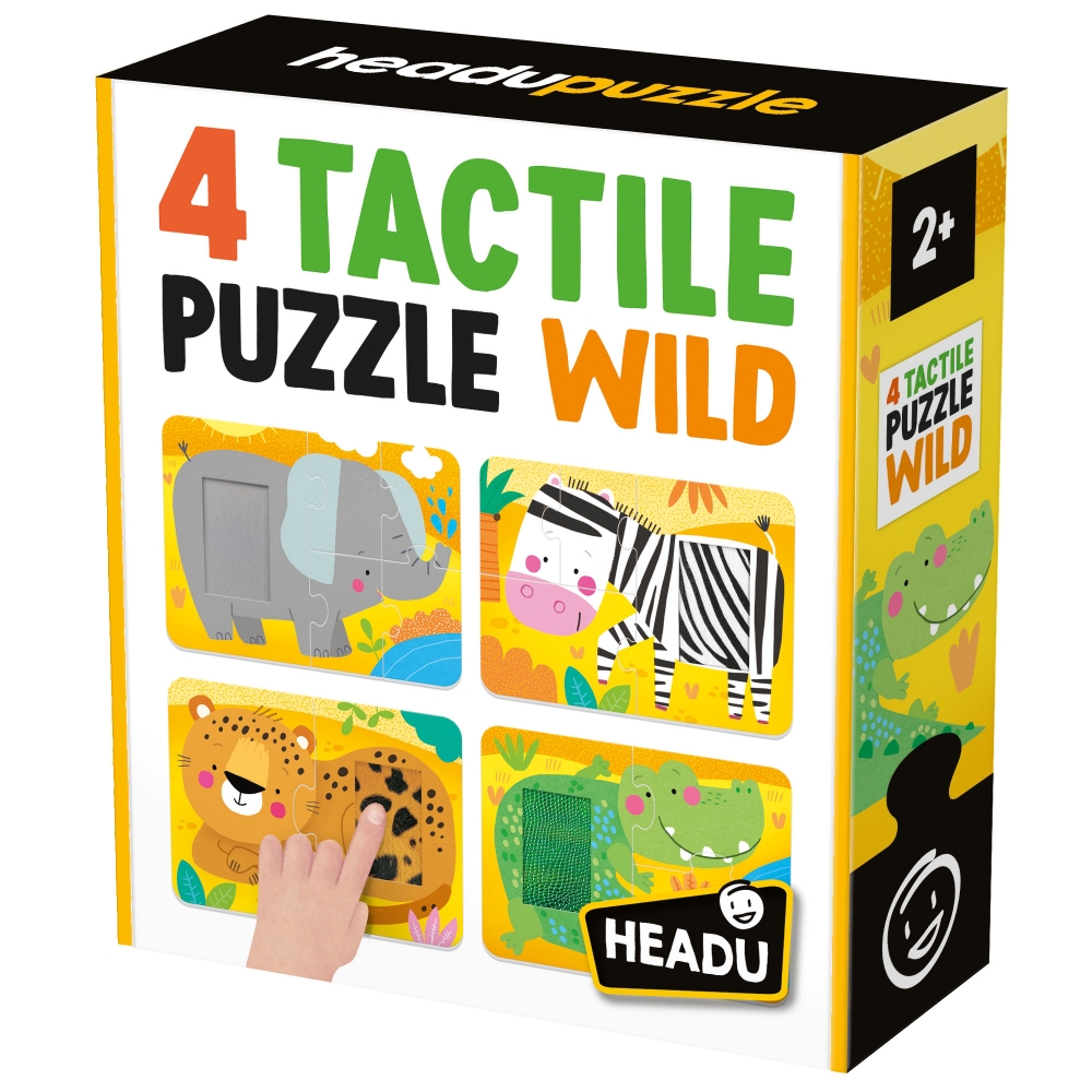 Puzzle educativ, Headu, Animale sălbatice 4 puzzle-uri tactile, 14 piese