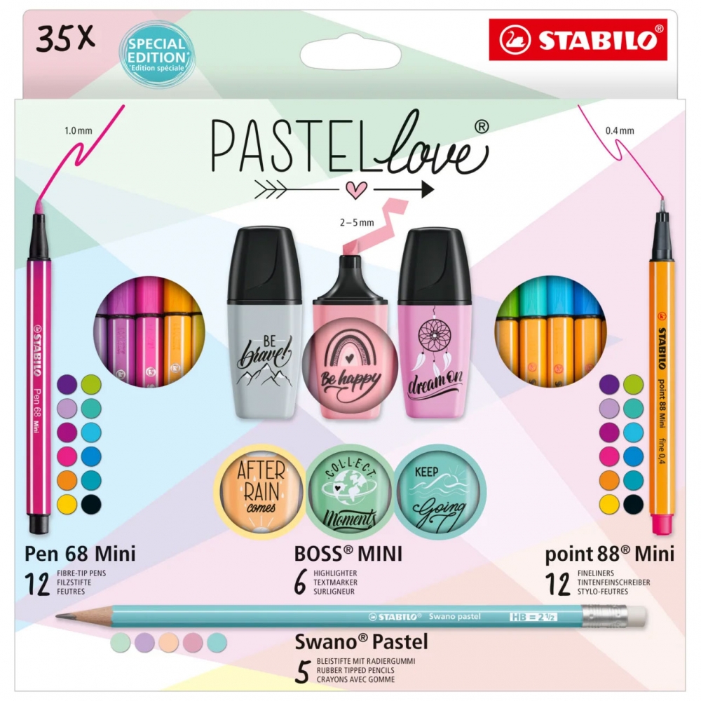 Stabilo Pen 68 mini x 12 culori, Point 88 mini x 12 culori, Boss Mini x 6 culori, Swano Pastel x 5, 35 bucati / set, etui carton