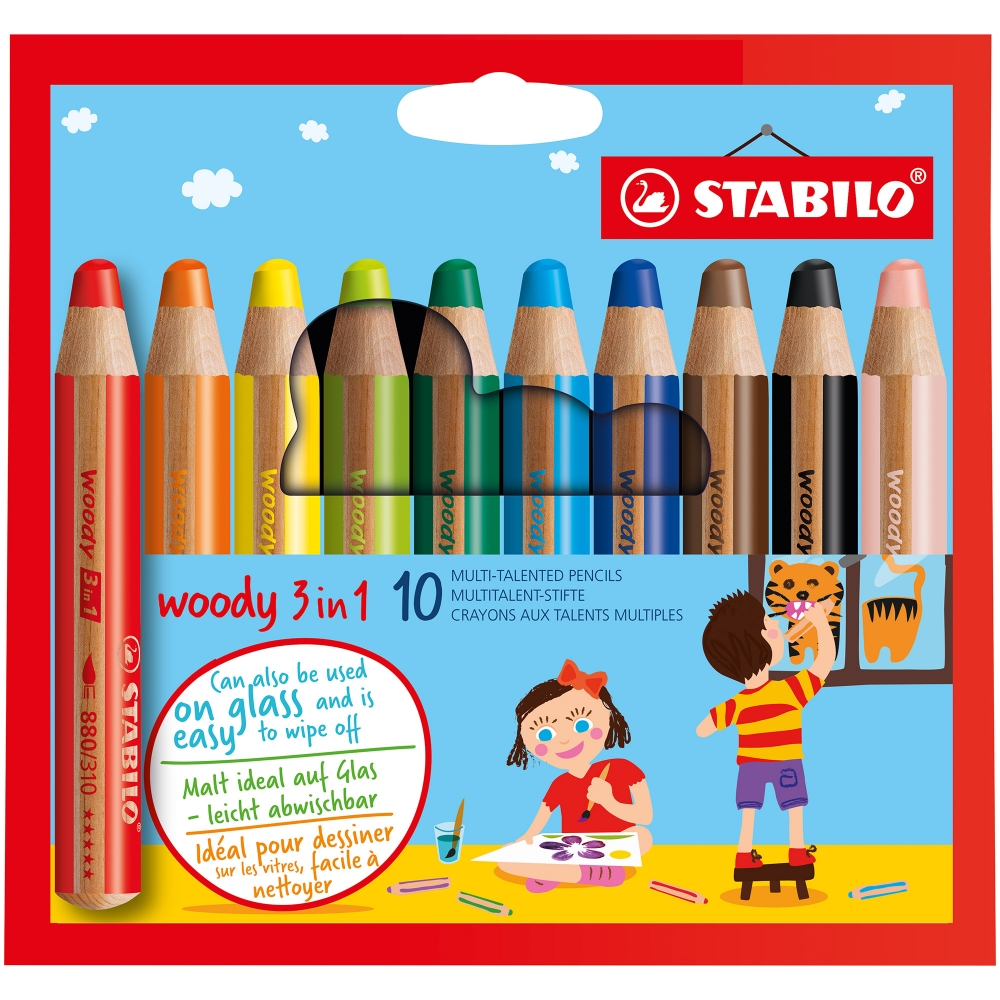 Set 10 creioane colorate Stabilo Woody 3in1, portofel carton si ascutitoare