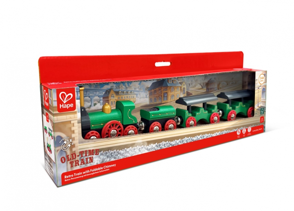 Trenuleț retro din lemn, Hape, cu coș de fum pliabil, 4 părți