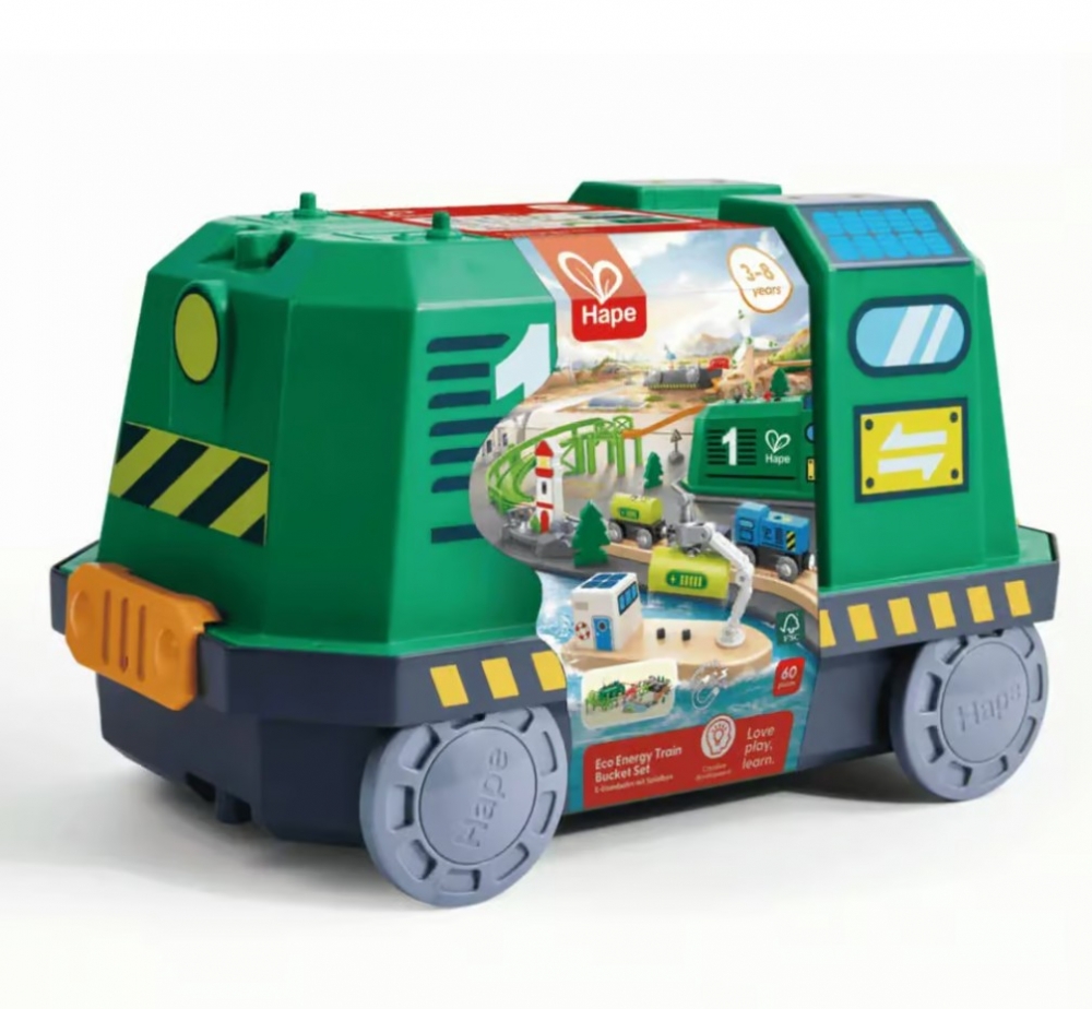Set de trenuri din lemn, Hape, Eco energy, 60 de piese