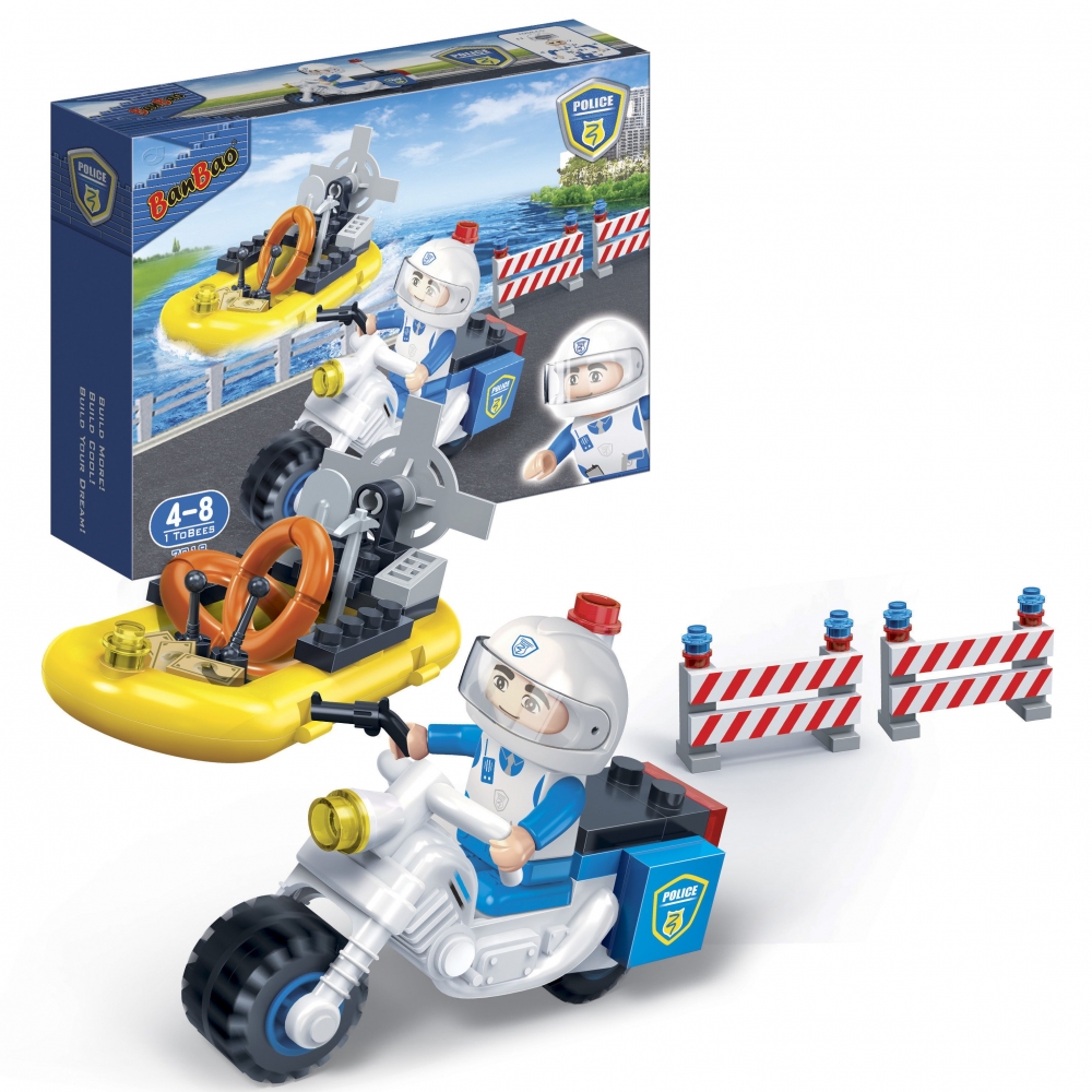 Set de constructie BanBao 62 de piese, Motor si barca de politie