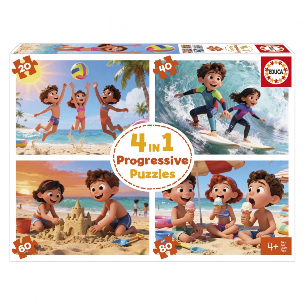 Puzzle progresiv, Educa, Zi de plajă, 4 în 1, 20-40-60-80 piese