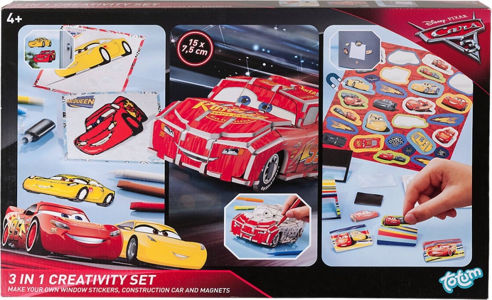 Set creativ, Totum, Cars 3, Model din carton 3D, desene si magneti 3 in 1