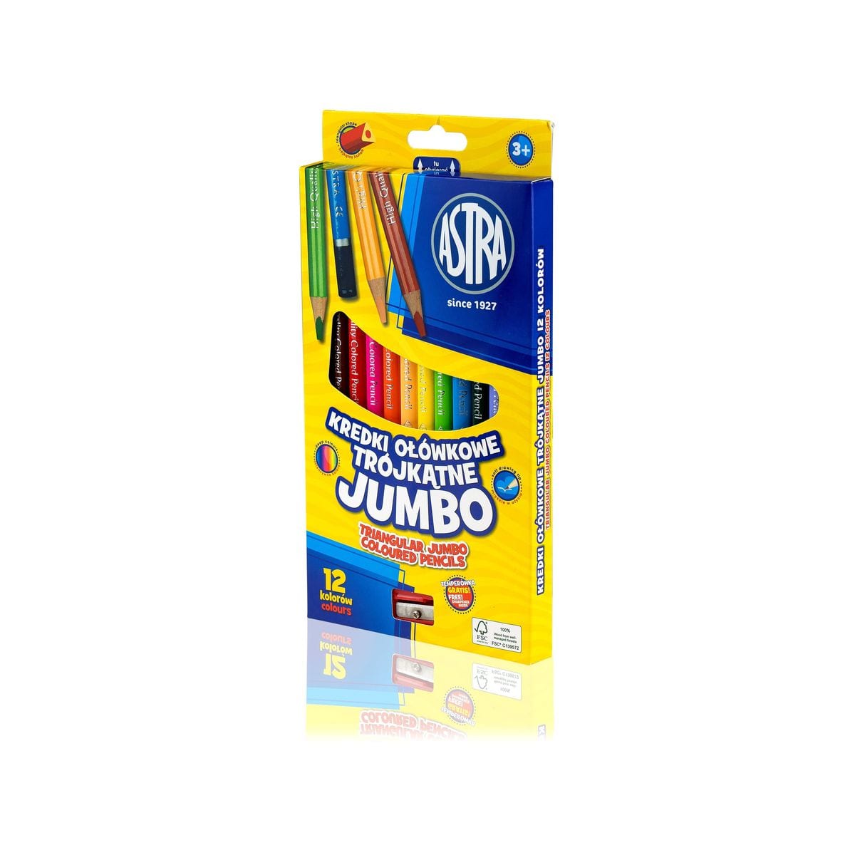 Комплект цветни моливи, Astra, Jumbo, Триъгълни, 12 цвята с острилка