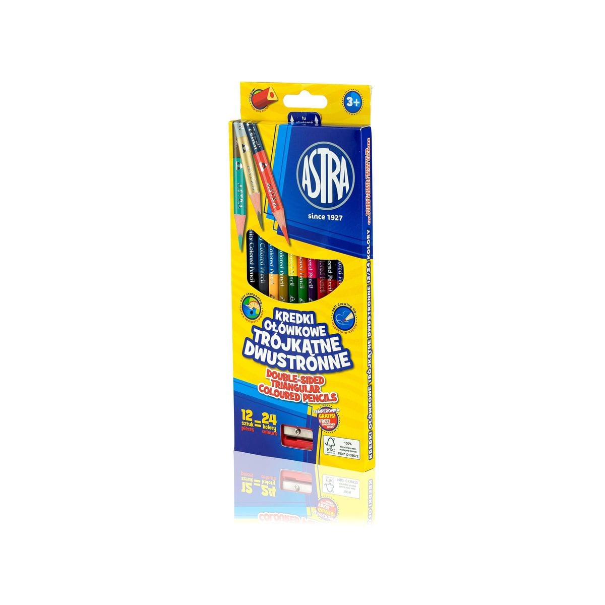 Colored pencil set, Astra, Triangular double-sided, With sharpener, 12 pcs., 24 colors