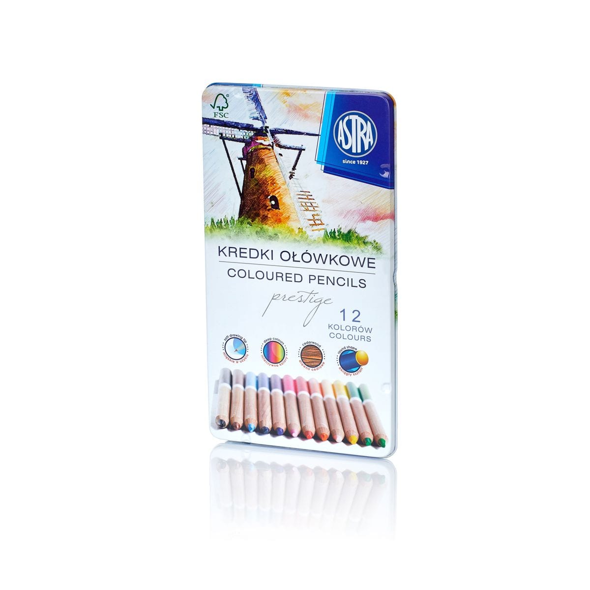Cedar wood colored pencil set, Astra, Prestige, In metal box, 12 colors