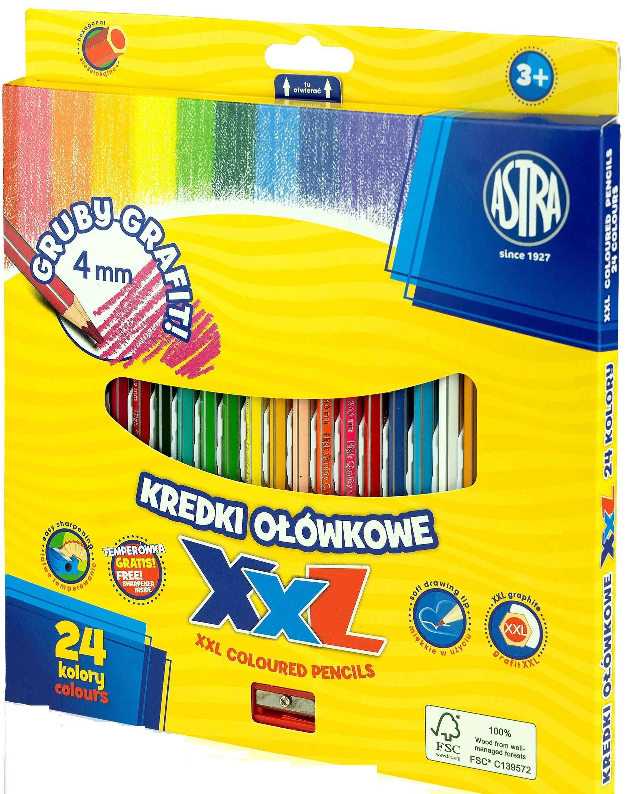 Set de creioane colorate hexagonale, Astra, XXL, 24 bucăți, cu ascuțitoare