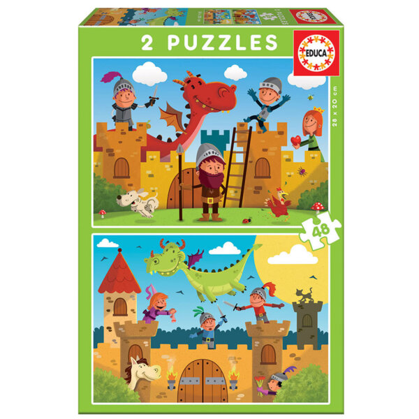 Puzzle, Educa, Dragoni și Cavaleri 2 în 1, 2 x 48 de piese