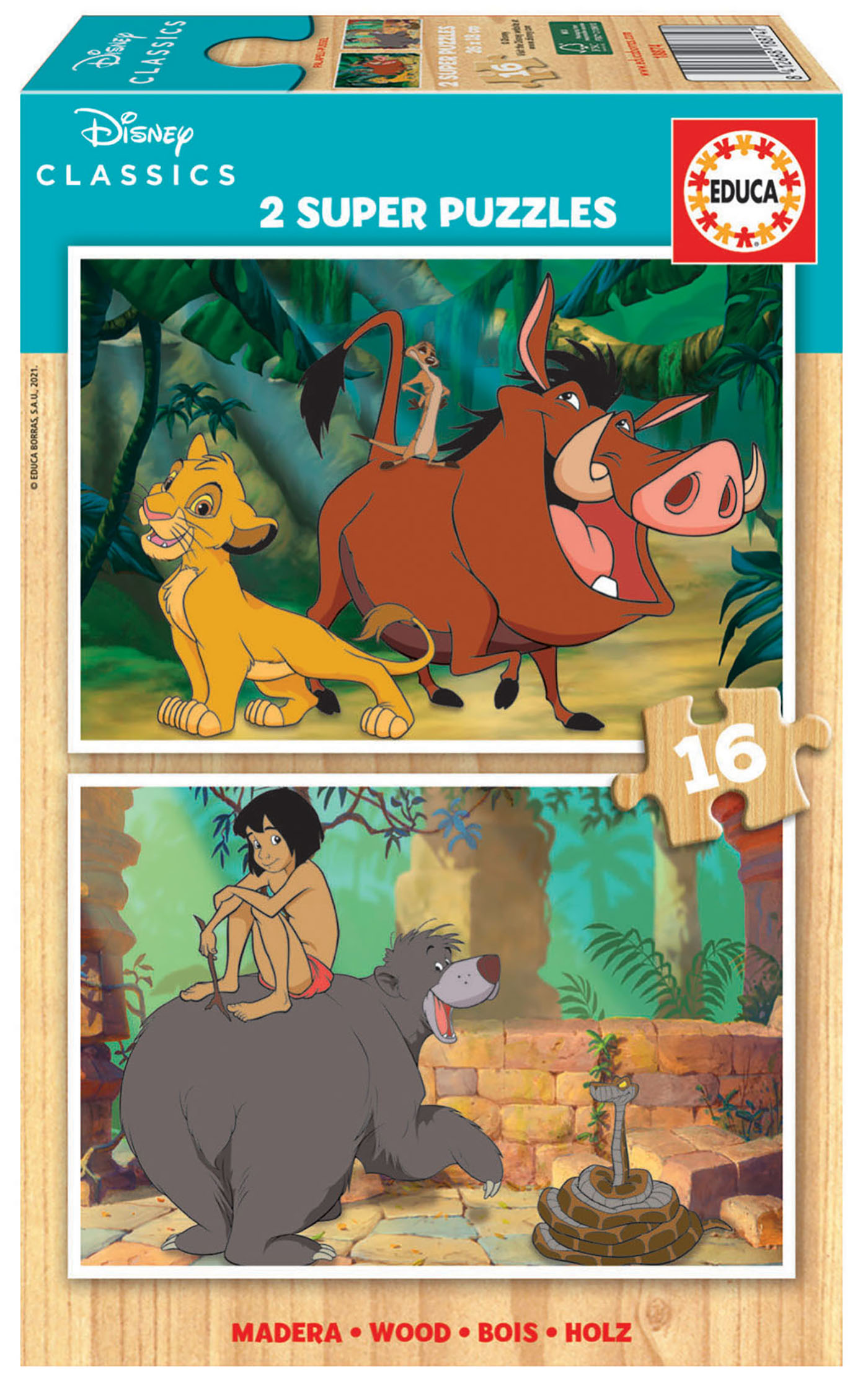 Puzzle din lemn, Educa, Disney Classics, 2 x 16 piese