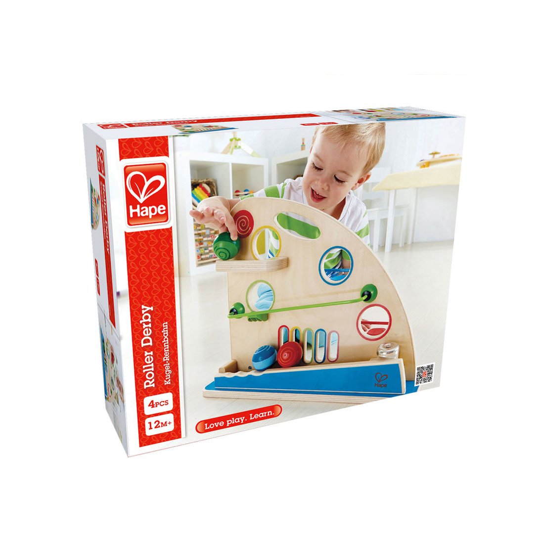 Set de lemn, Hape, rolă cu bile colorate, 4 piese
