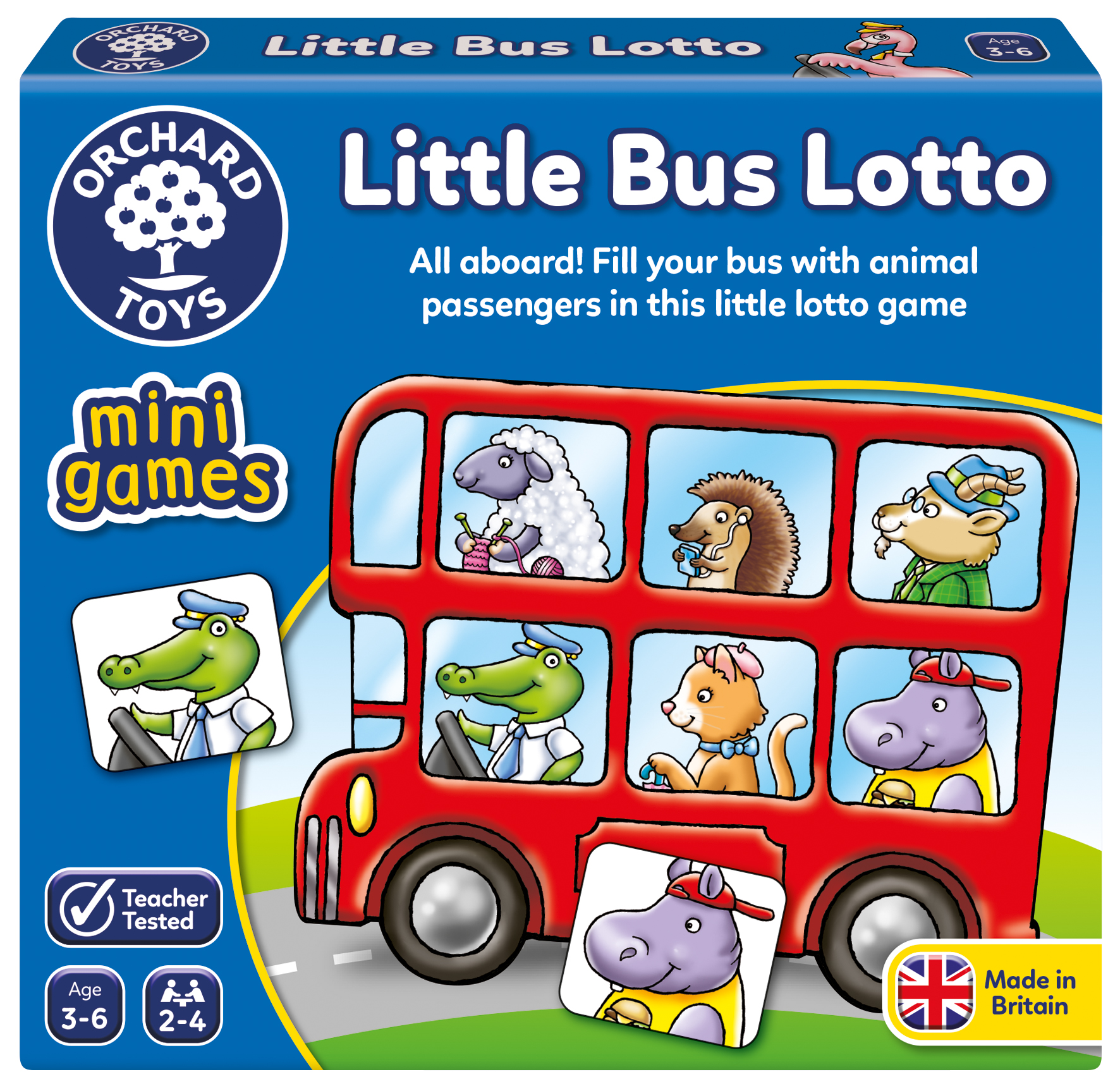 Joc de societate lotto Micul autobuz Orchard Toys, 15 x 14 x 2.5 cm, 2-4 jucatori, 3 ani+
